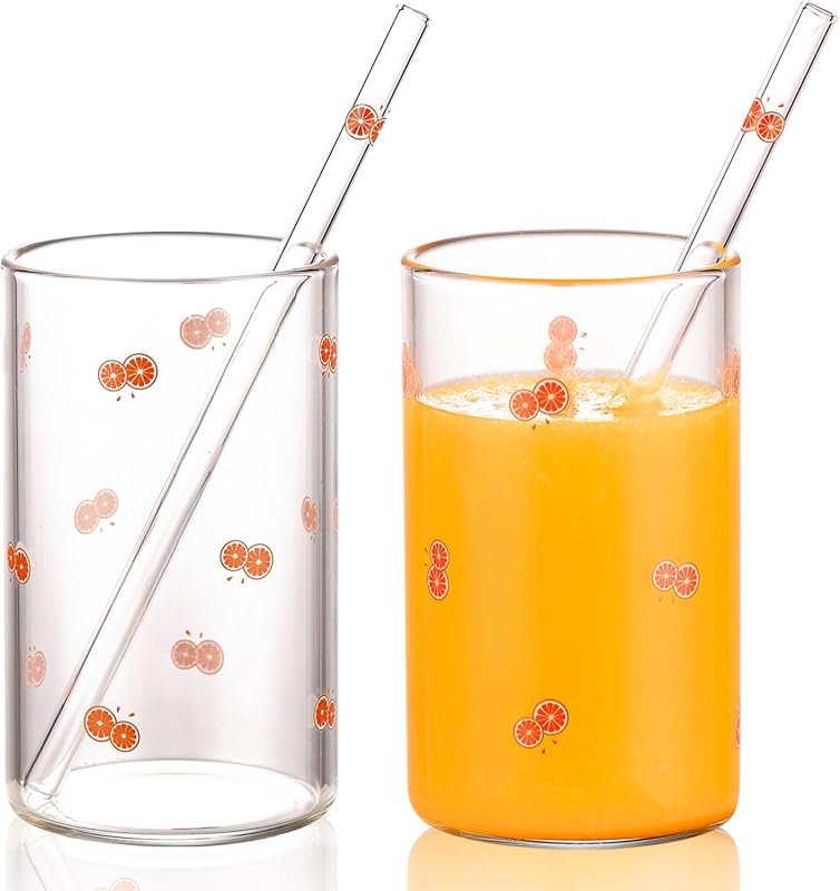 WHJY Kawaii Anime Orange Glass Cups Set of 2 – Cute 10oz Aesthetic Cup