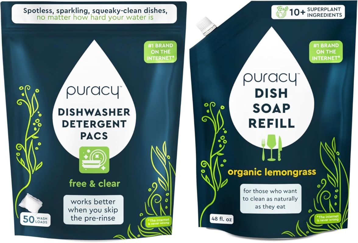 Puracy Natural Dishwasher Pods 50ct, Plant-Based Organic Lemongrass De