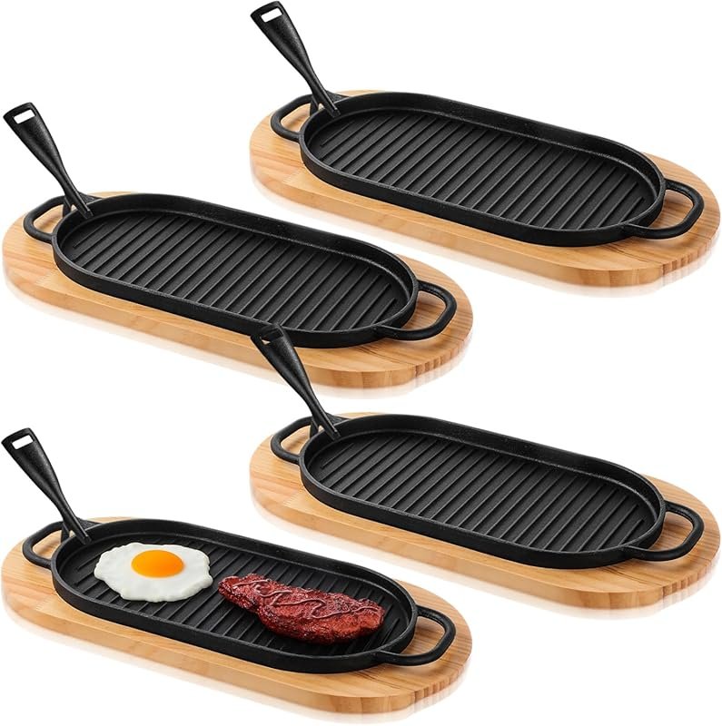 4-Pack Cast Iron Sizzling Steak Plates with Wooden Base & Removable Ha