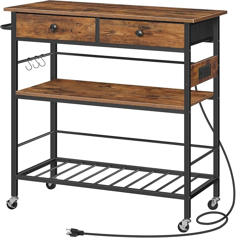 HOOBRO Rolling Kitchen Island with 2 Drawers, Power Outlet & 3 Tier Co