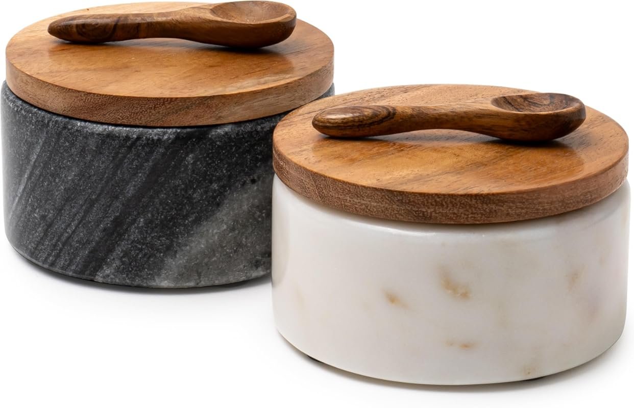 Handcrafted Marble Salt and Pepper Bowls Set with Lids & Spoons – Eleg