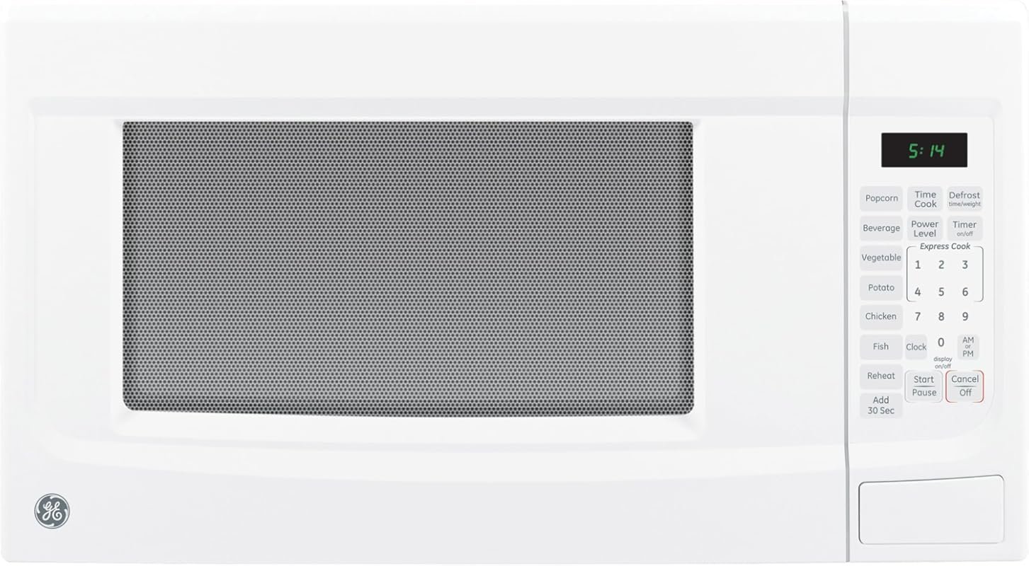 GE 1.4 cu ft Countertop Microwave Oven, 1,100 W, 7 Auto‑Cook Settings, Child‑Lock, White