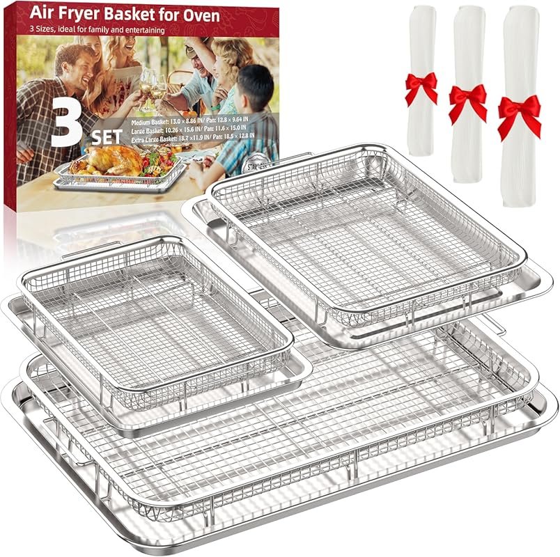OPENICE 3 Set Stainless Steel Air Fryer Basket & Tray with 90 Parchmen
