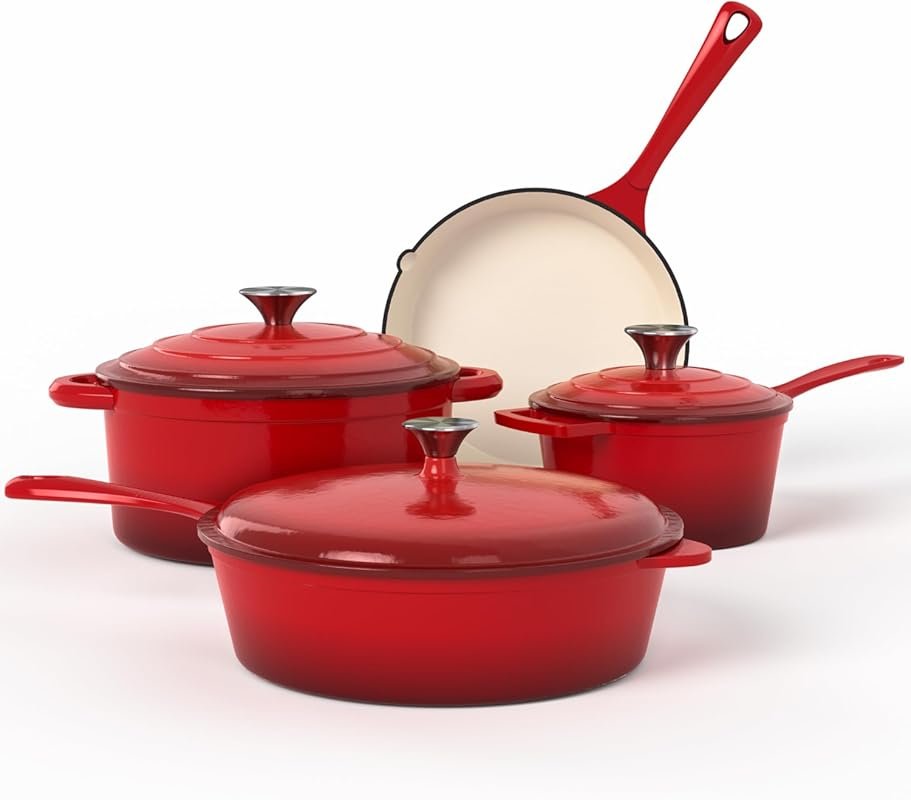 Kitchen Academy Enameled Cast Iron Cookware Set, 7Pcs, Induction Ready