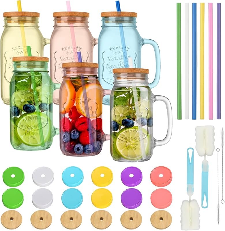 24 oz Colorful Mason Jars with Handle – Embossed Drinking Glasses with