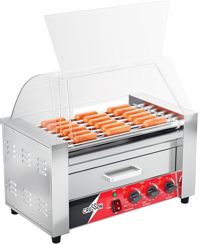 CROSSON Commercial 7 Nonstick Hot Dog Roller with Bun Warmer & Sneeze Guard