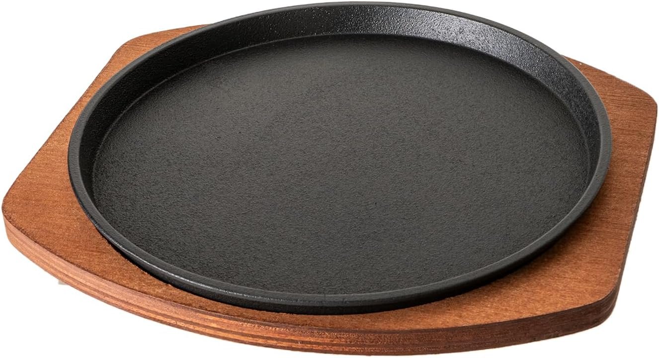 Round 8-Inch Cast Iron Sizzle Griddle Steak Plate with Wooden Base