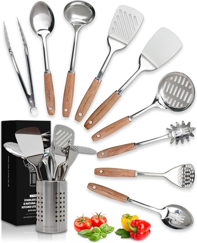 Home Hero Stainless Steel Kitchen Utensils Set with Wood Handle, Heat-