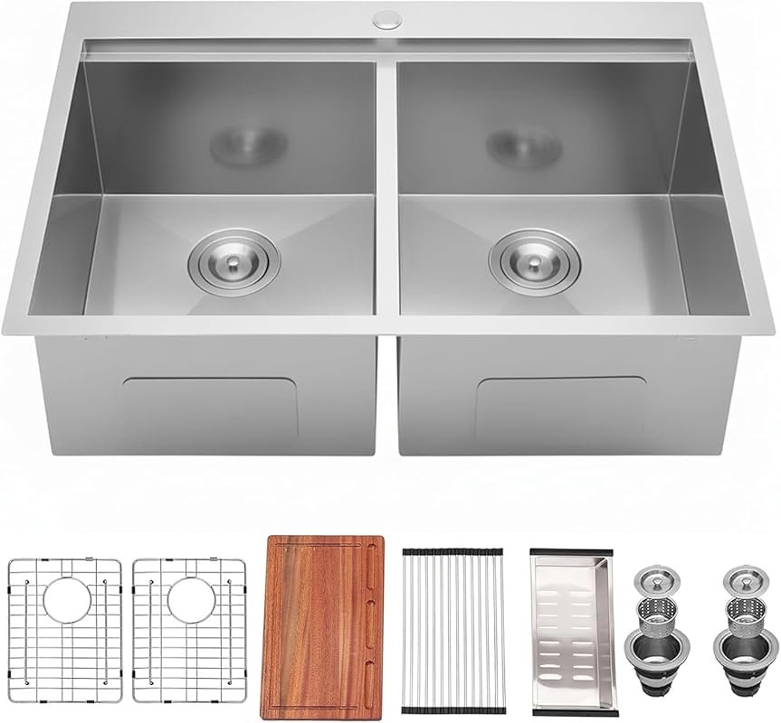 IKEBANA Brushed Nickel Double Bowl Topmount Kitchen Sink, 33x22
