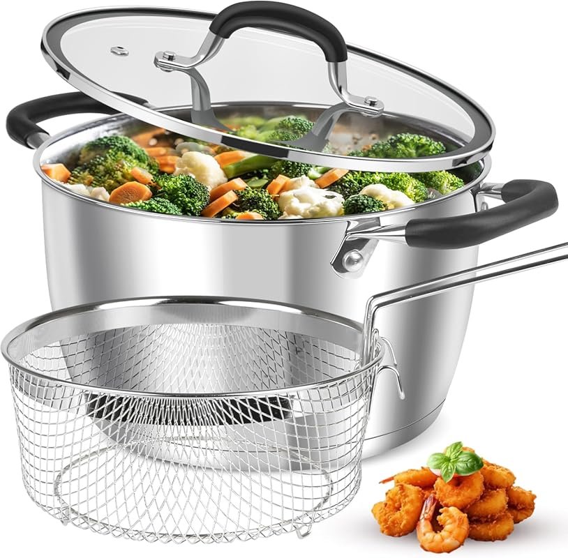 AOSION 6 Quart Stainless Steel Stock Pot with Lid & Basket for Deep Fr