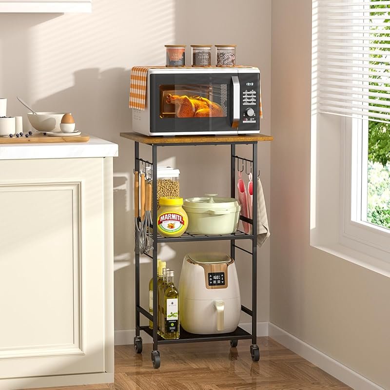 ThreeHio 3‑Tier Rolling Kitchen Microwave Cart with Adjustable Shelf,