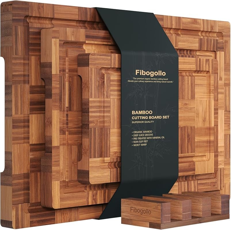 Bamboo Cutting Boards Set of 3 with Juice Groove and Holder, End Grain
