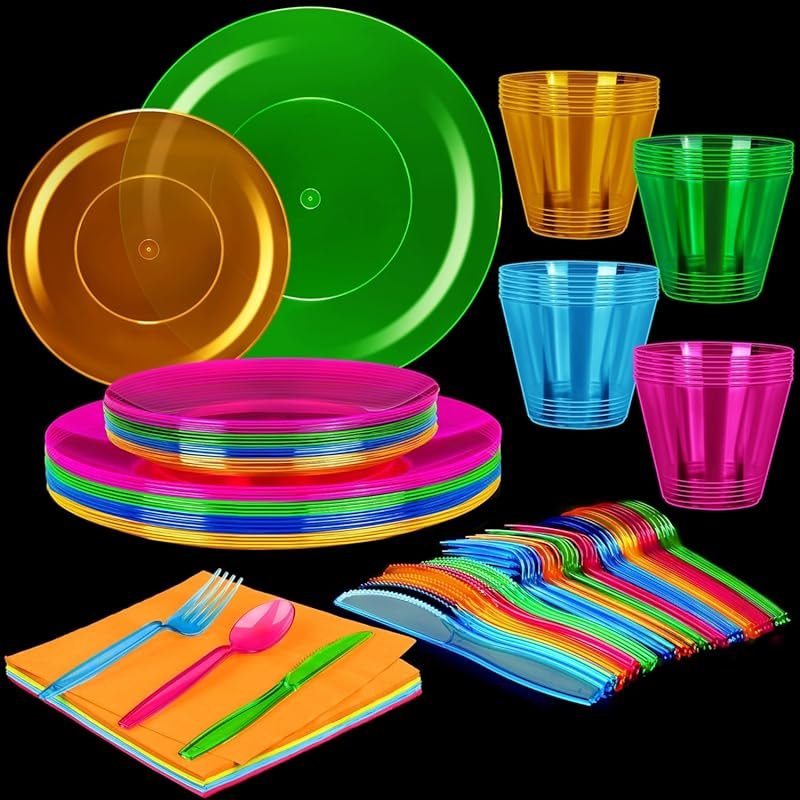 Kochorie 112Pcs Neon Party Supplies Serves 16 with Plates, Cups, Cutle