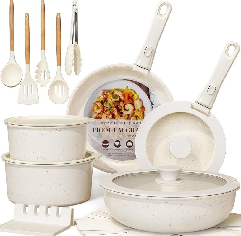 Astercook 21Pcs Ceramic Nonstick Detachable Handle RV Cookware Set, Cr