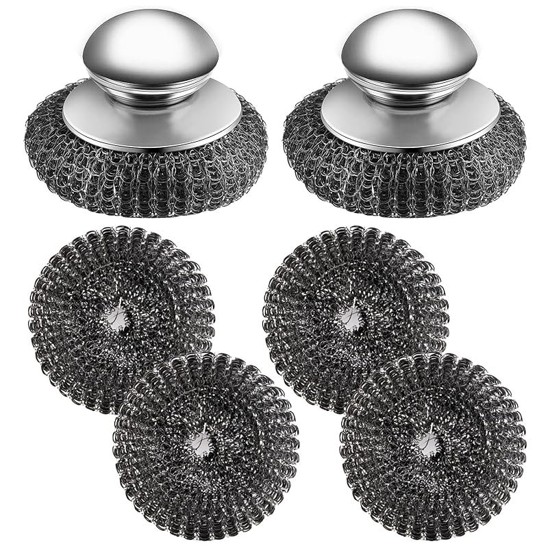 2Pcs Stainless Steel Wool Scrubbers with 4 Replacement Pads for Cast I