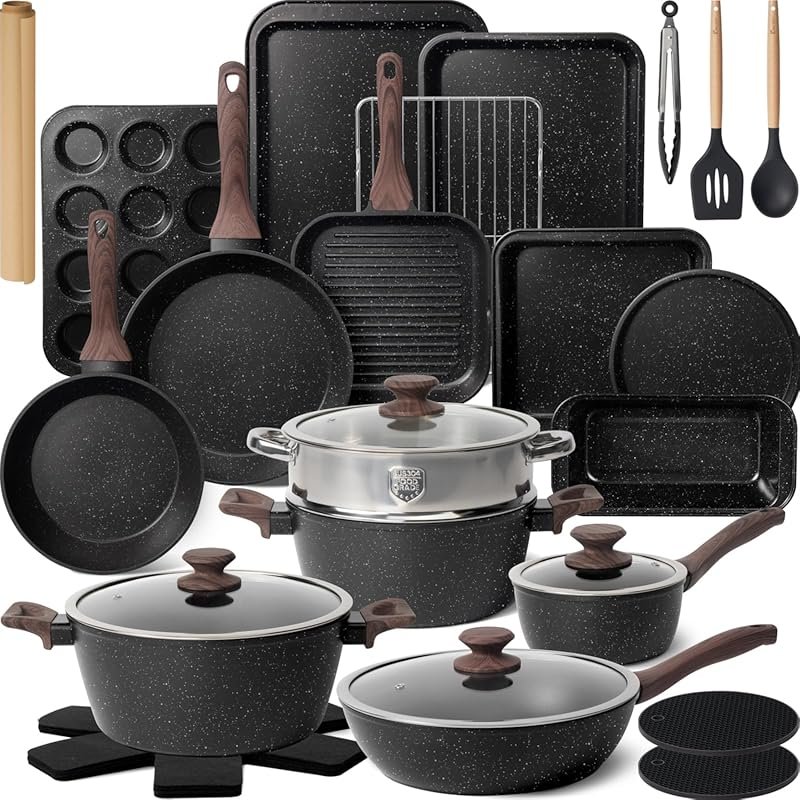 Kikcoin 31-Piece Nonstick Cookware Set with Grill Pan, Saucepan & Uten