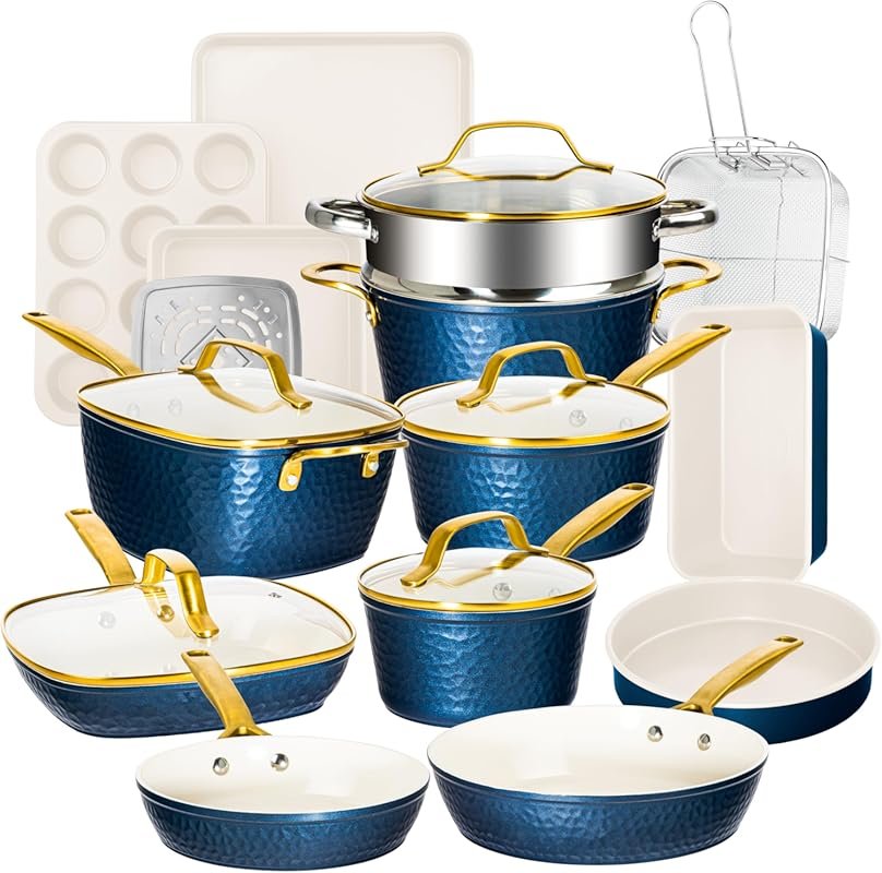 Gotham Steel Hammered 20 Pc Ceramic Cookware Set, Induction Nonstick P