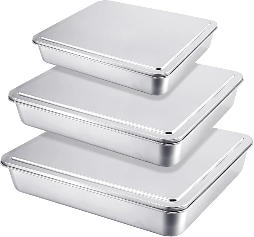 Tioncy 3-Pack Stainless Steel Rectangle Sheet Pans with Lids for Bakin