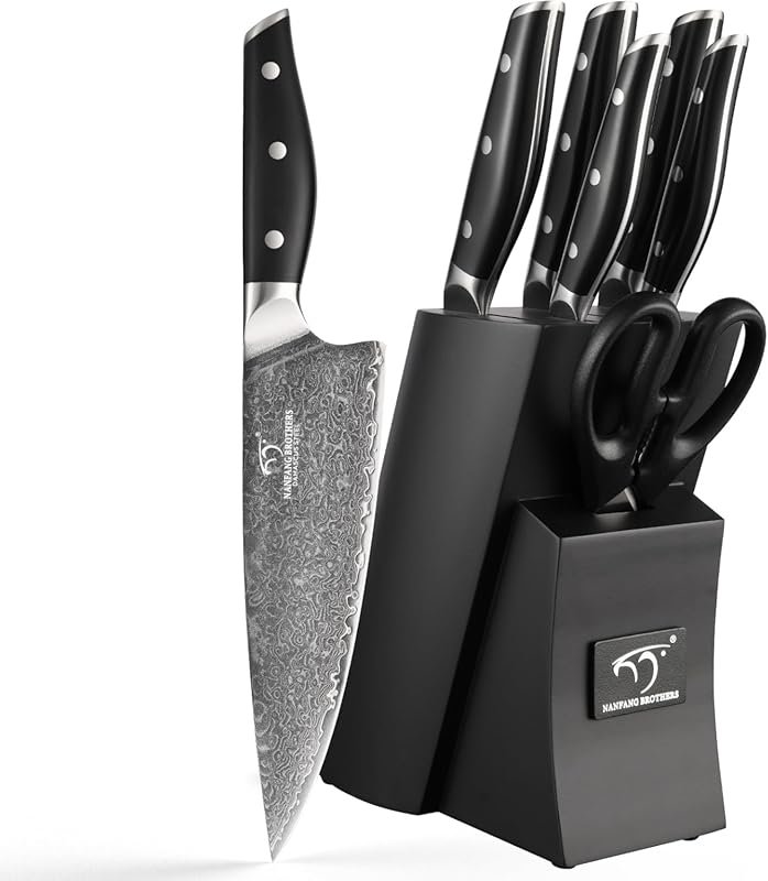 7-Piece VG10 Damascus Knife Set with Natural Wooden Block & Triple-Riv