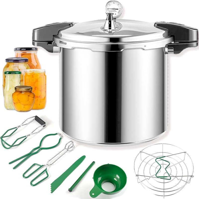 24qt Pressure Canner with Gauge, 14.5 PSI, 7-Piece Canning Kit for Gas/Induction, Green