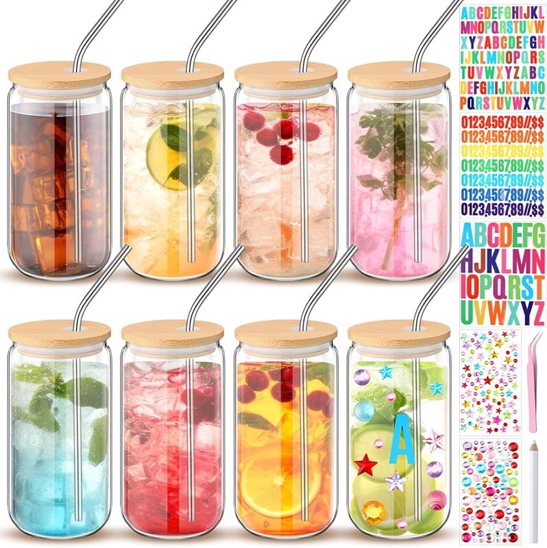 8 Pcs 16 oz Plastic Mason Jars with Bamboo Lids & Straws – DIY Decorat
