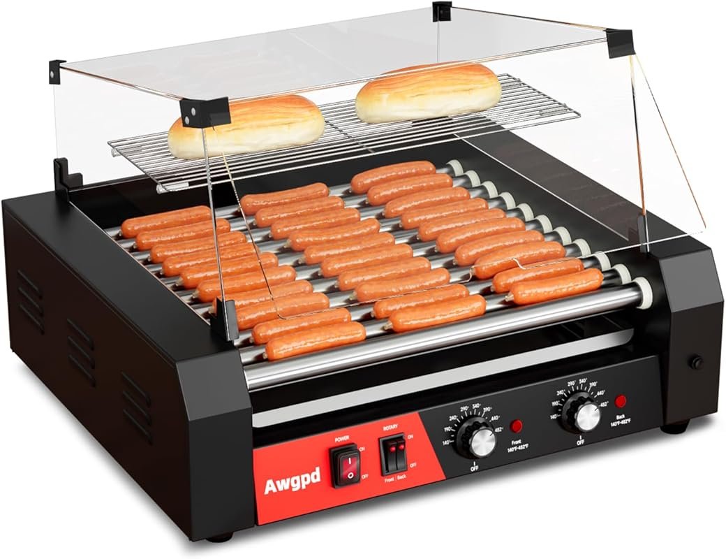 1650W Commercial 11-Roller Hot Dog Grill with Dual Temp Control, Dust Cover