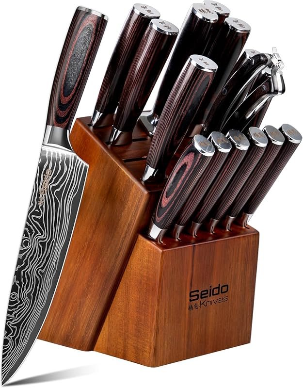 17-Piece Master Chef Knife Block Set in Damascus Steel & Acacia Wood
