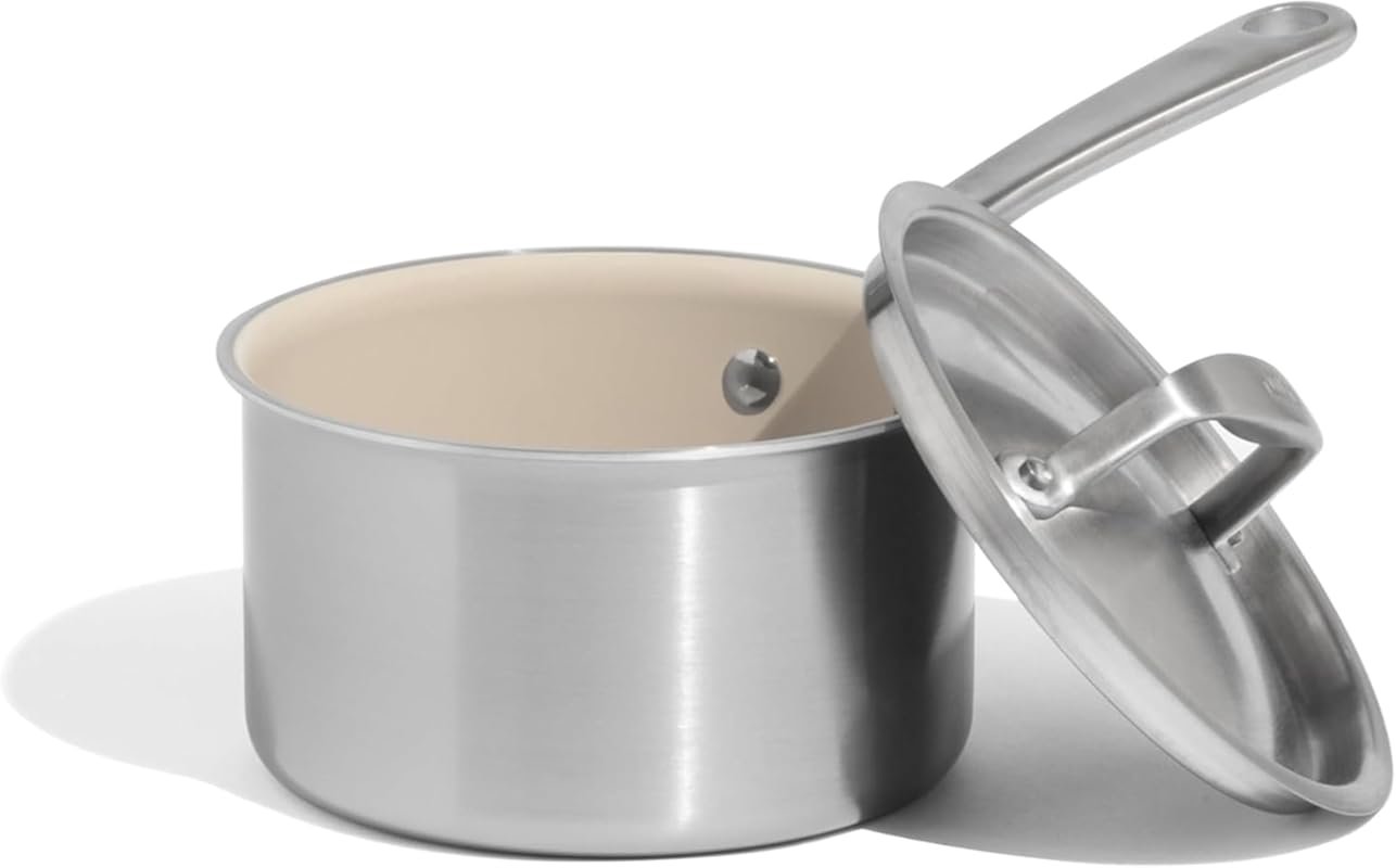 2 QT Ceramic Non-Stick Saucepan with Lid, 5-Ply Clad, Stay-Cool Handle