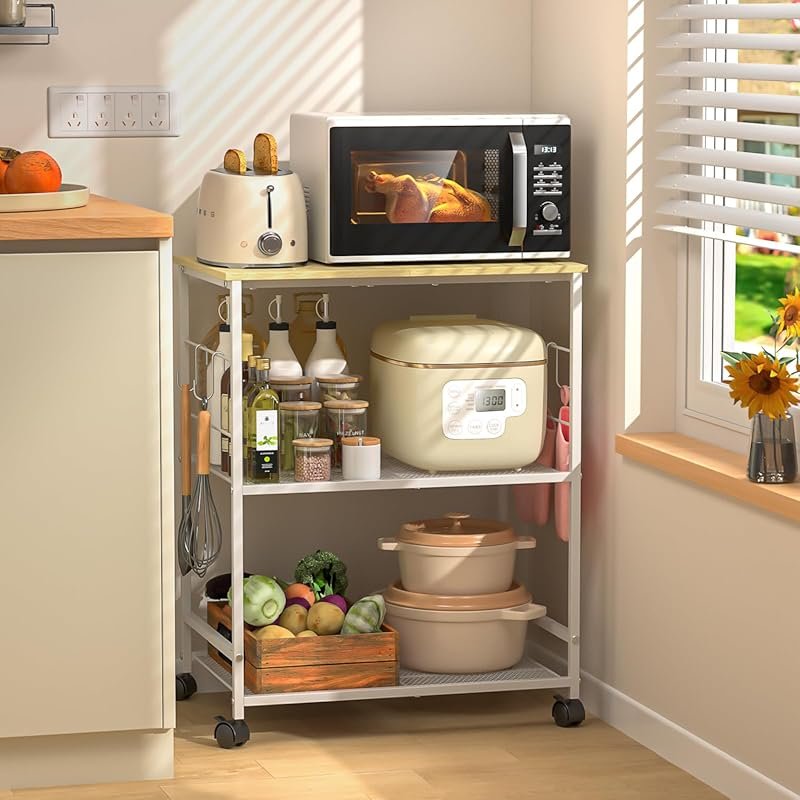 ThreeHio 3‑Tier Rolling Kitchen Microwave Cart with Storage, Lockable