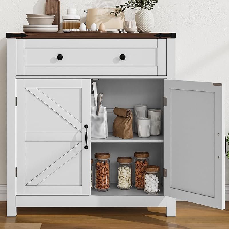 Farmhouse Style Storage Cabinet with Two Doors, Walnut Countertop, Fre