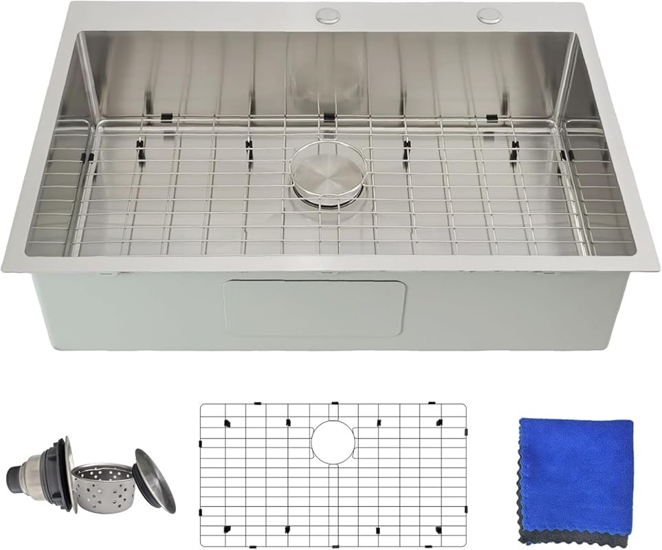 33x22 Drop In Kitchen Sink, 16 Gauge Stainless Steel Single Bowl with 