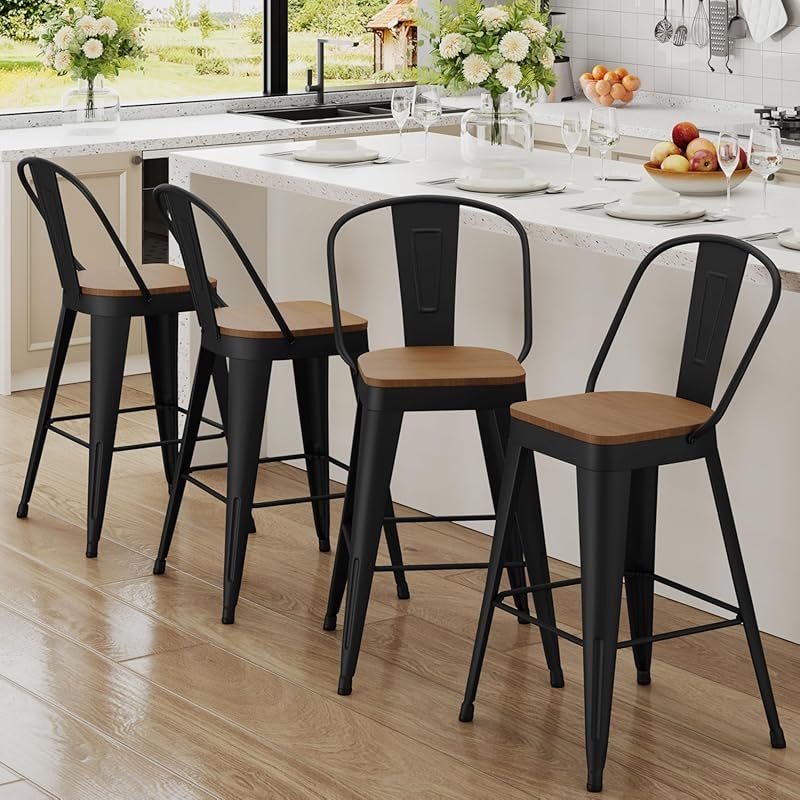 Andeworld Metal Bar Stools Set of 4, 24 Inch Farmhouse High Back Chair