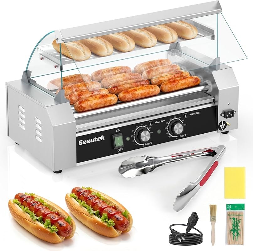 Seeutek 5-Roller Hot Dog Toaster with Dual Temperature Control, Glass Hood