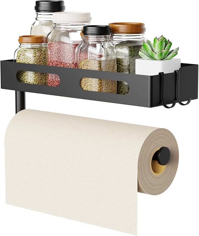Matte Black Wall Mount Paper Towel Holder with Shelf and 2 Hooks for K