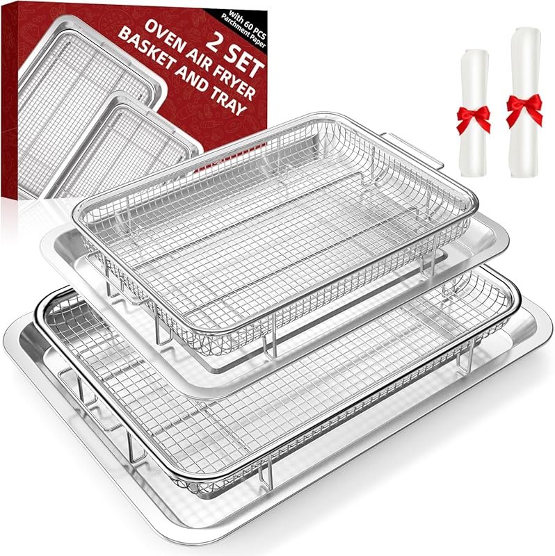 DEGOVIN 2 Set Non-Stick Air Fryer Crisper Tray with 60 Parchment Paper