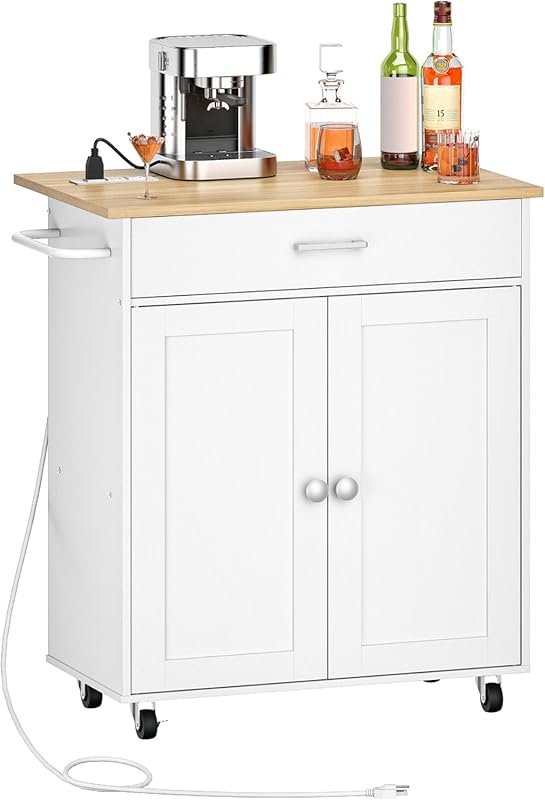 CHOEZON Kitchen Island Cart with Drop Leaf, Power Strip & Double Cabin
