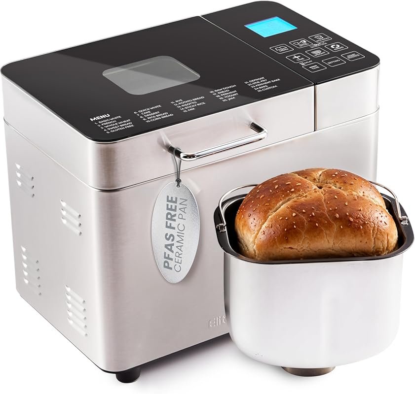 Elite Gourmet 2-Lb Bread Maker with Ceramic Pan & 19 Functions for Glu