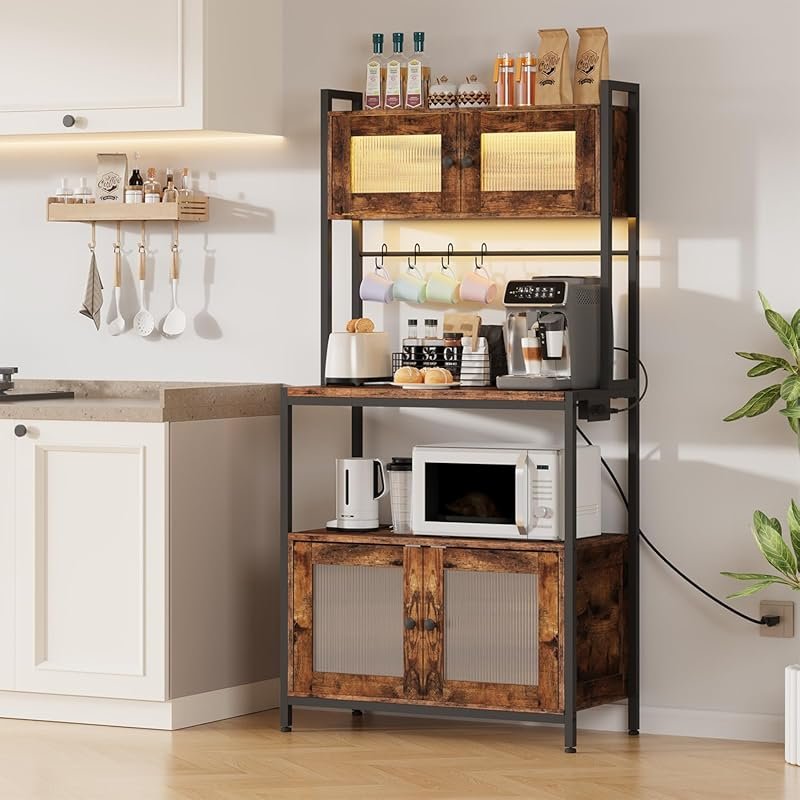 HOOBRO Bakers Rack with Storage – 5‑Tier Coffee Bar, Power Outlet, LED