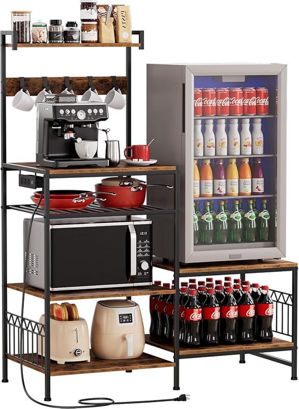 Portin Bakers Rack with Power Outlet & S-Hooks – Mini Fridge & Microwa