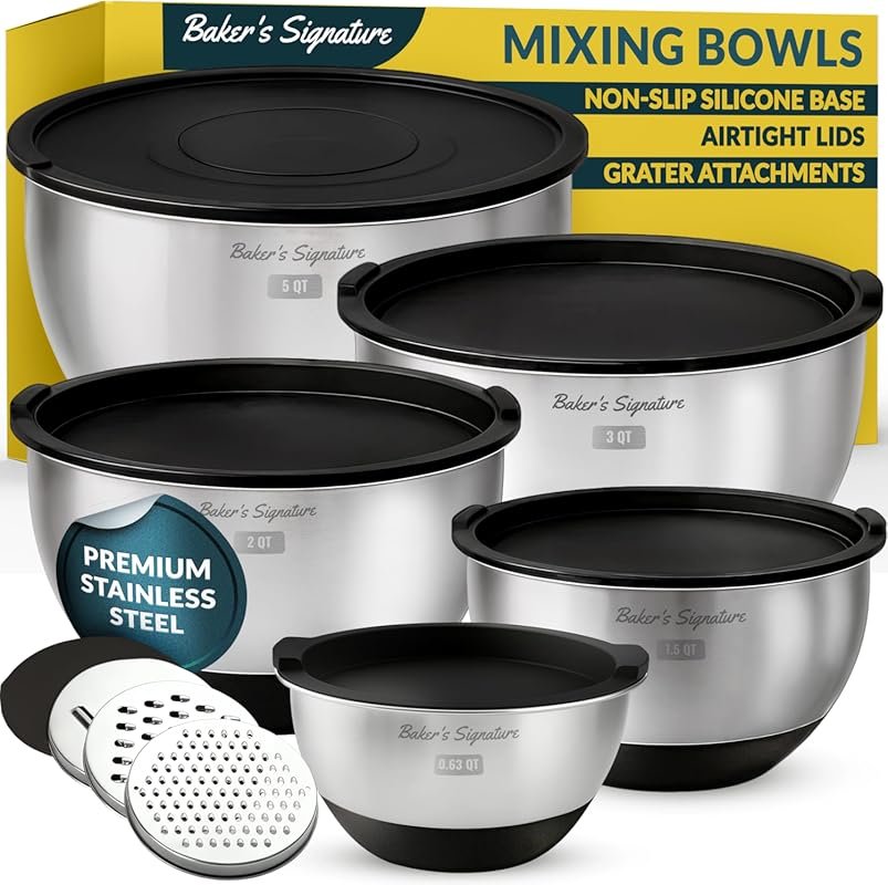 Baker's Signature 5-Piece Stainless Steel Mixing Bowls with Lids & Gra