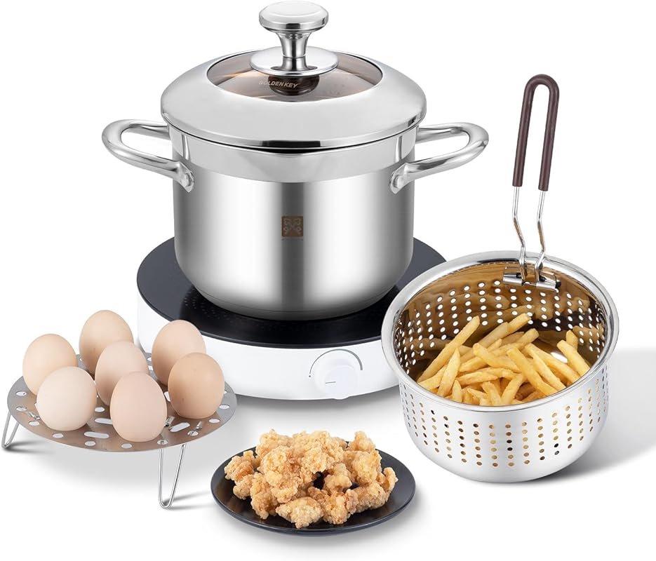 GOLDEN KEY 4.2QT Stainless Steel Deep Fryer with Basket & Lid for Kitc
