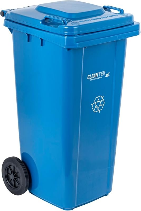 Clean Tek Blue 32 Gallon Wheeled Trash Can with Lid, Rectangle Design 