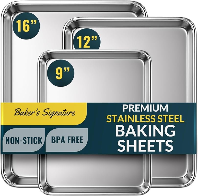 Baker’s Signature Stainless Steel Cookie Sheet Set, Mirror Finish, Non