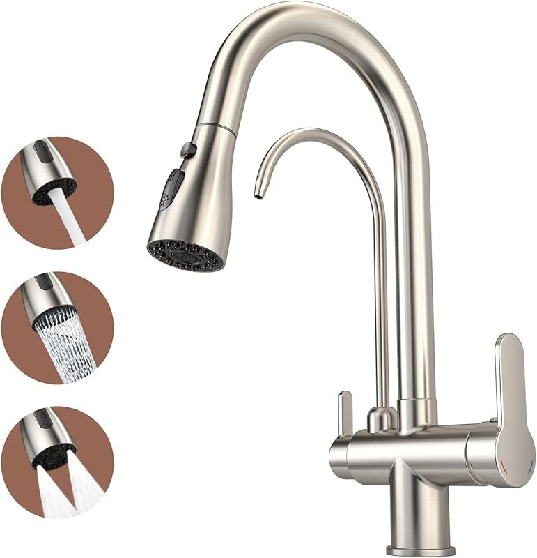 Brushed Nickel 3‑in‑1 Kitchen Sink Faucet with Pull‑Down Sprayer, Dual