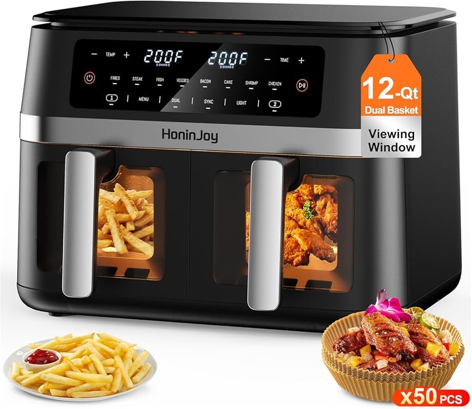 12‑qt Dual Basket Air Fryer with Viewing Window, 50‑Piece Paper Liners
