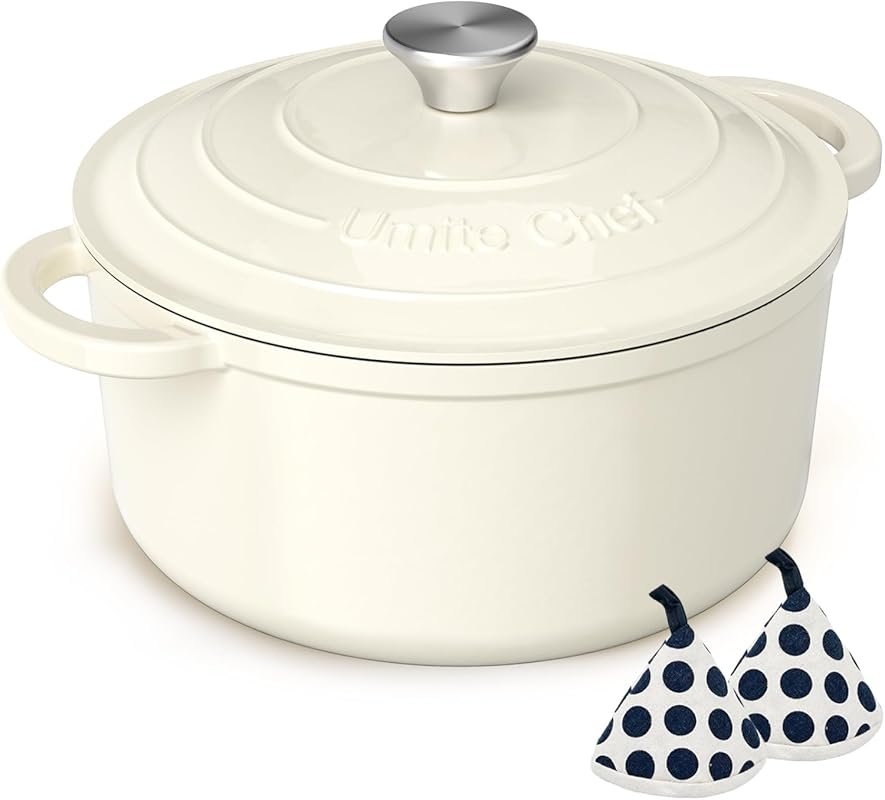 Enameled Cast Iron Dutch Oven – 5QT Cream White Pot with Lid & Pothold