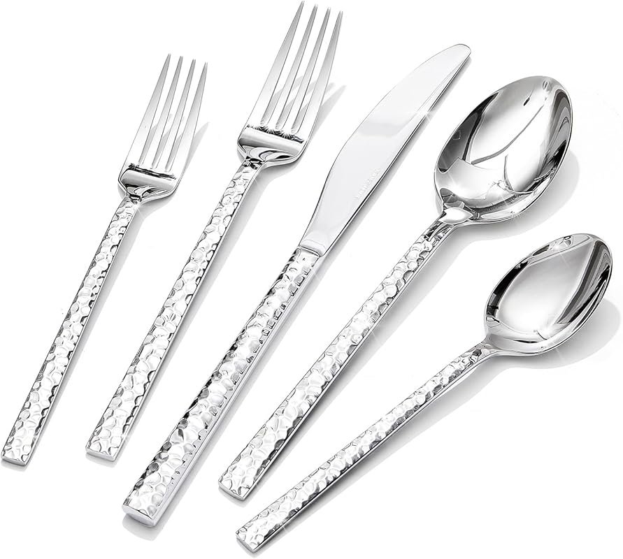 KINGSTONE 20-Piece Hammered Stainless Steel Flatware Set for 4, Dishwa