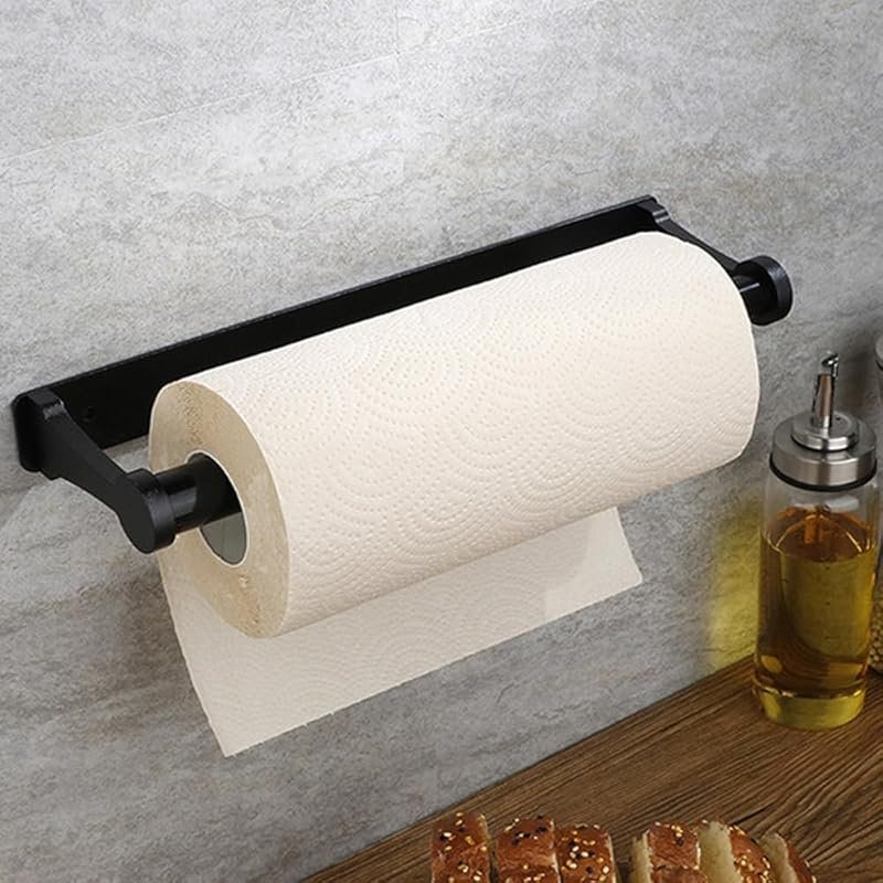 Self-Adhesive or Drilling Black Wall Mounted Kitchen Roll Dispenser fo