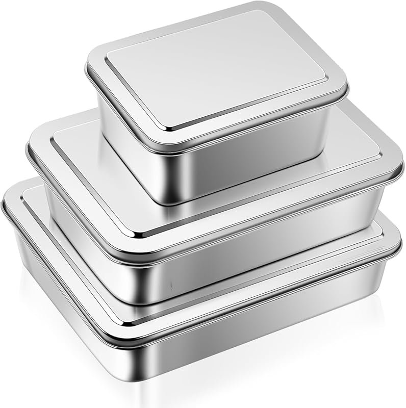 Tioncy 3 Sets Stainless Steel Rectangle Baking Pans with Lids for Cake