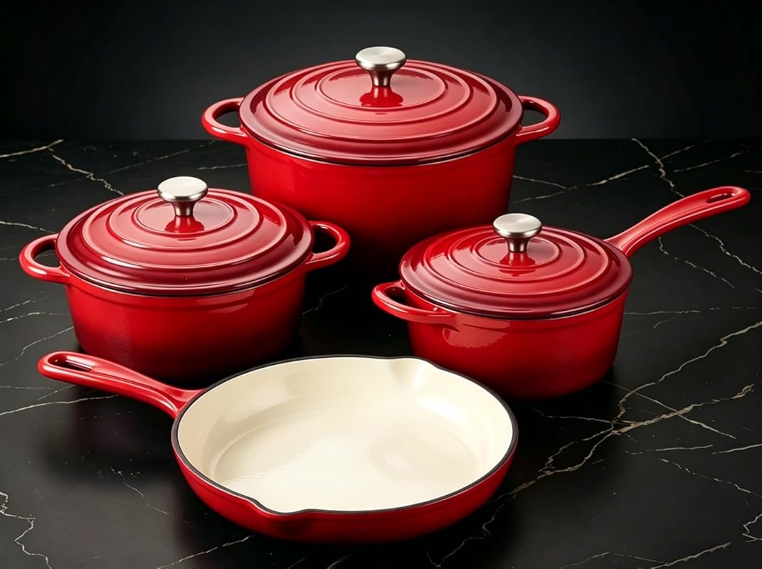 QuliMetal Rouge Enameled Cast Iron Cookware Set, 4-Piece with Lids, Du